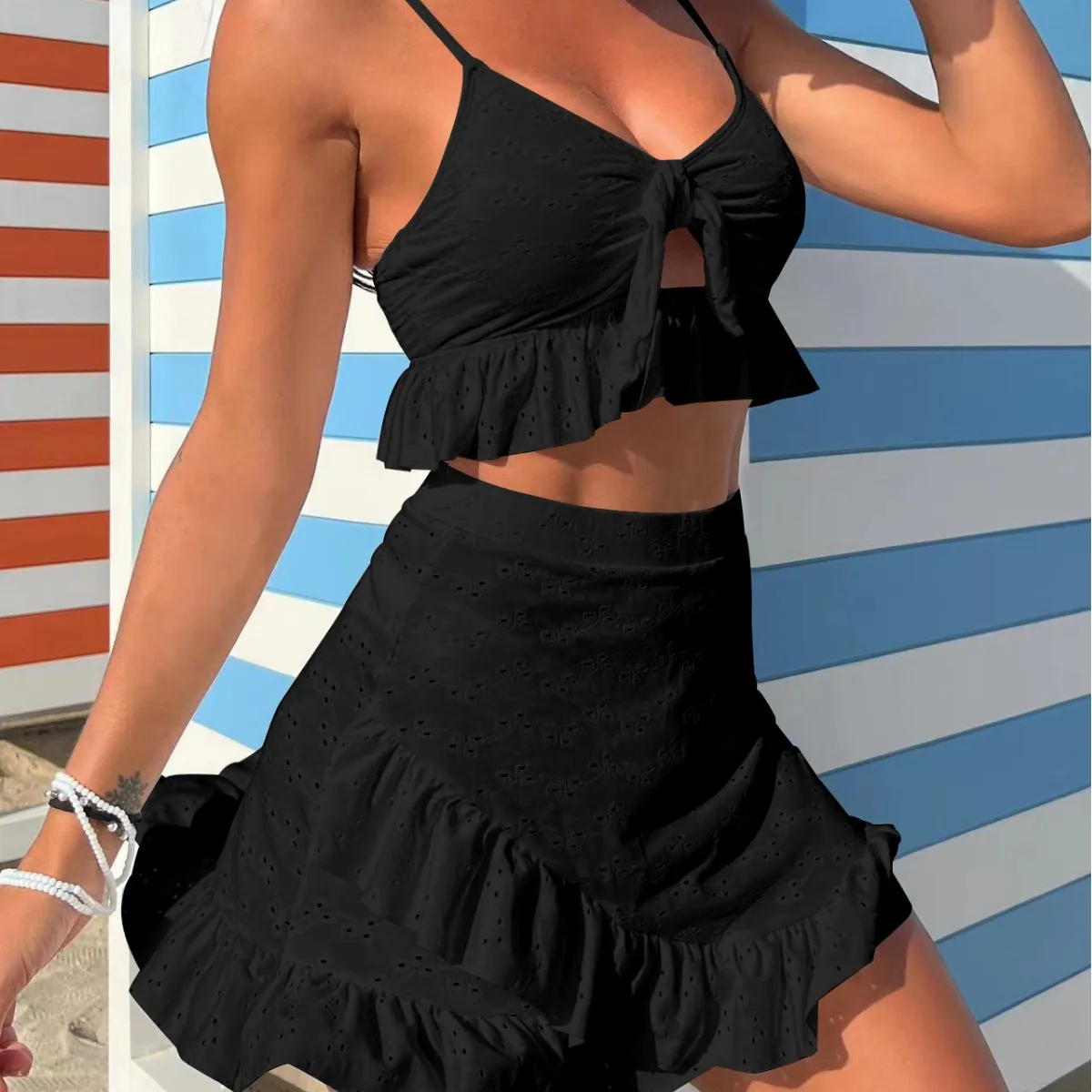 2025 новый европейский и американский однотонный купальник из трех частей из специальной ткани с цветочным принтом, купальник-бикини