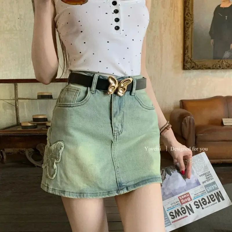 

Real shot and real price summer retro nostalgic butterfly embroidered denim stretch hip skirt with lining