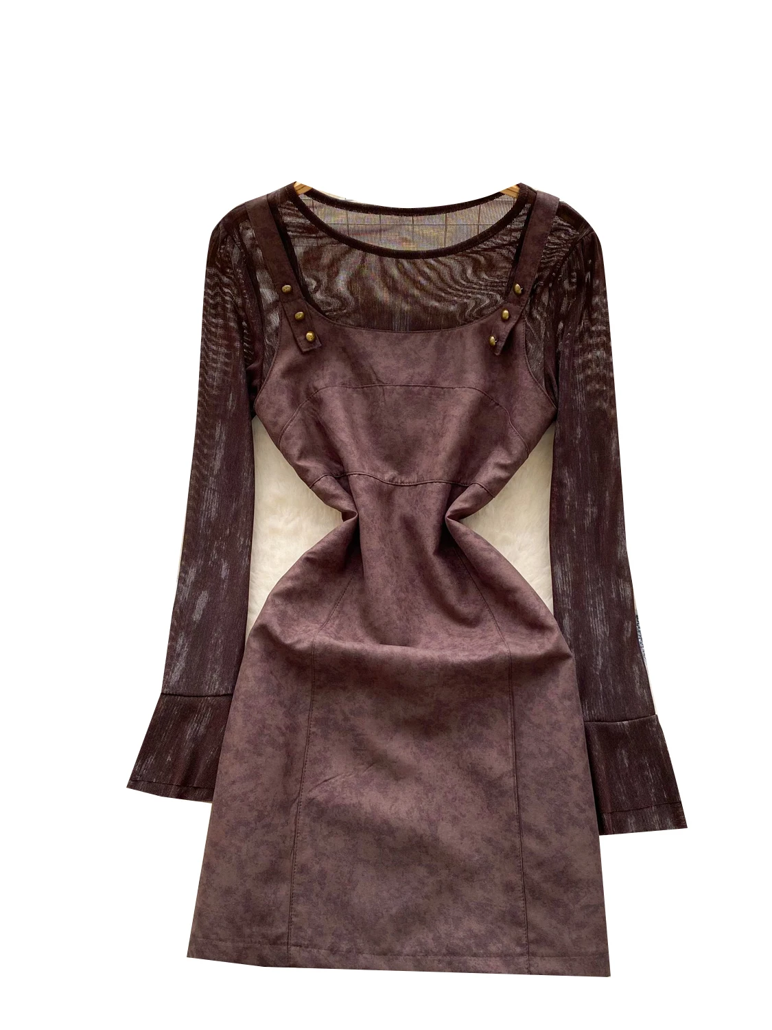 الرجعية الثقيلة Embellied الجلد المدبوغ الدكتور رقيقة لي أعلى قطعتين مجموعة عالية الخصر مربوط حزام سترة ألف خط تنورة طويلة Sve تخفيف #5