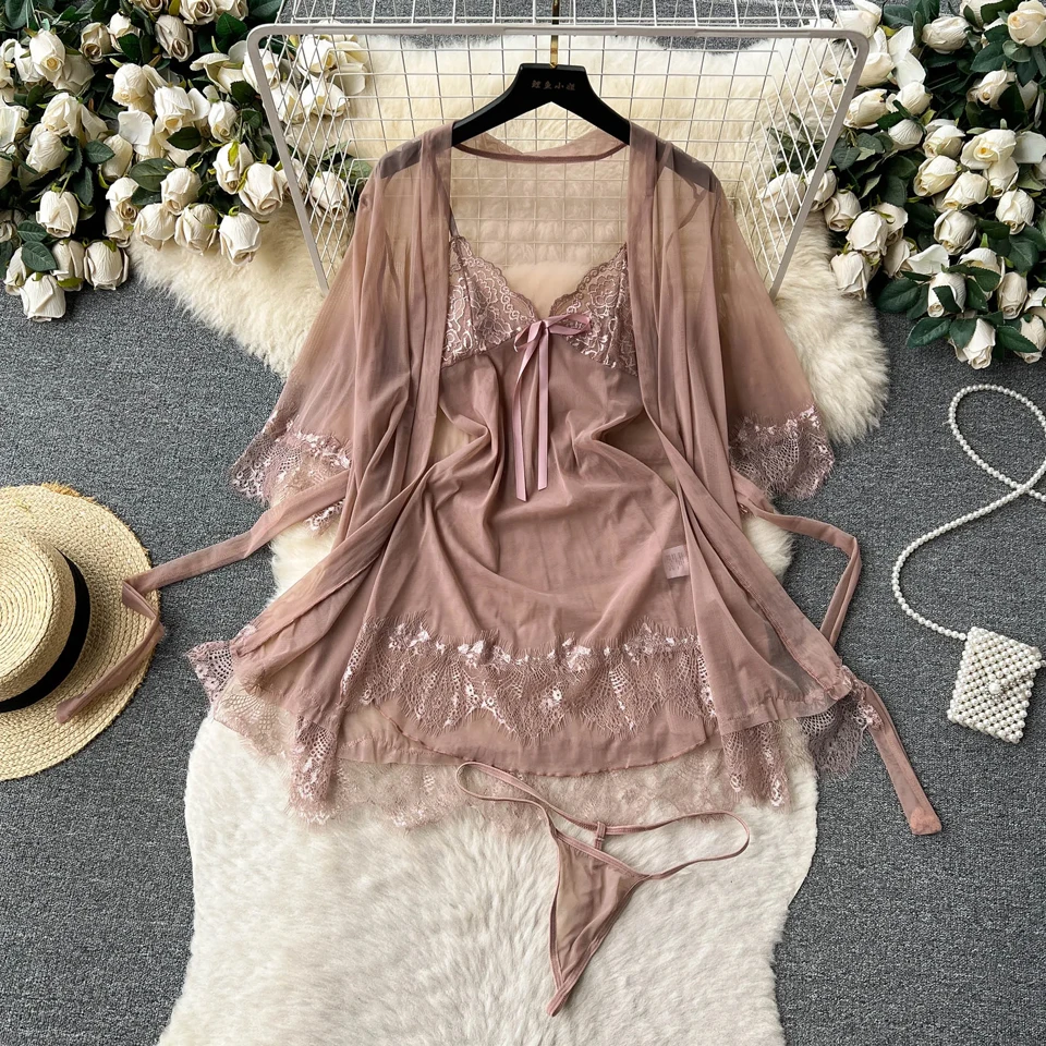 Lace Babydoll Sexy Sleepwear Mesh Bridal Night Dress Mini Chemise Wedding Nightie Nightgown With Robe Lingerie for Women