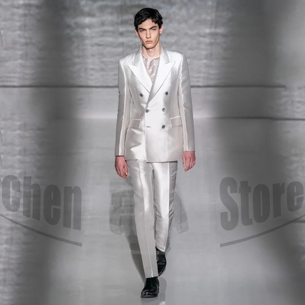 

Мужской атласный двубортный костюм, комплект из роскошной блестящей ткани, облегающий формальный костюм для свадьбы, вечеринки, модный смокинг из 2 предметов