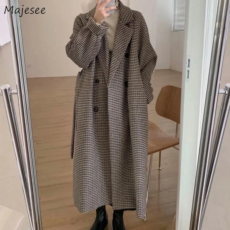 

Blends Women Vintage Kpop Newly Fashion Leisure Lace-up Simple Loose Chic Outwear Street All-match Thicken Plaid Winter Clothes