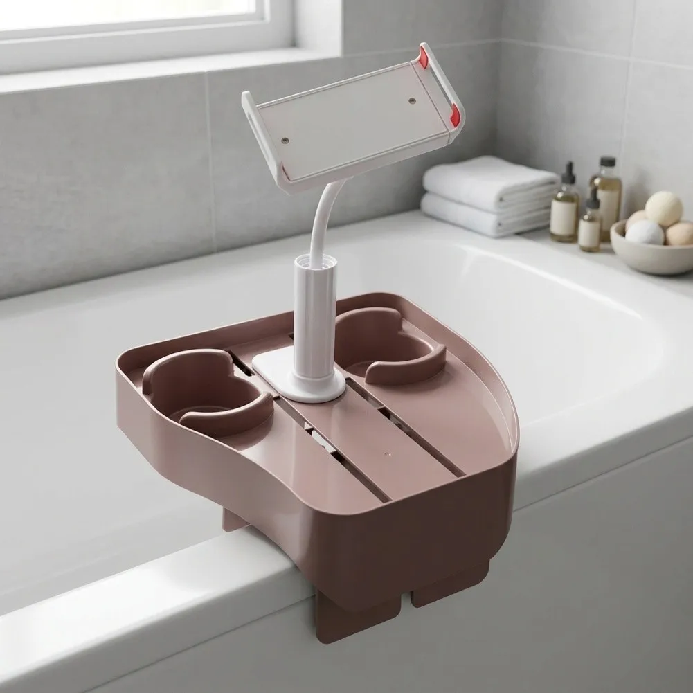 Spa Bathtub Edge Tray with 26.6x26x39cm Dimensions Dual Beverage Slots and Flexible Gooseneck for Smartphone Tablet