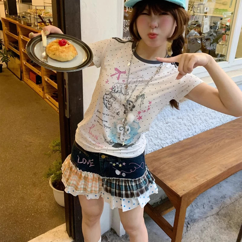 Original Design Japanese Women's Mini Skirt New Summer Plaid Corrugated Splicing Zipper Versatile Denim Shorts Skirts Ladies