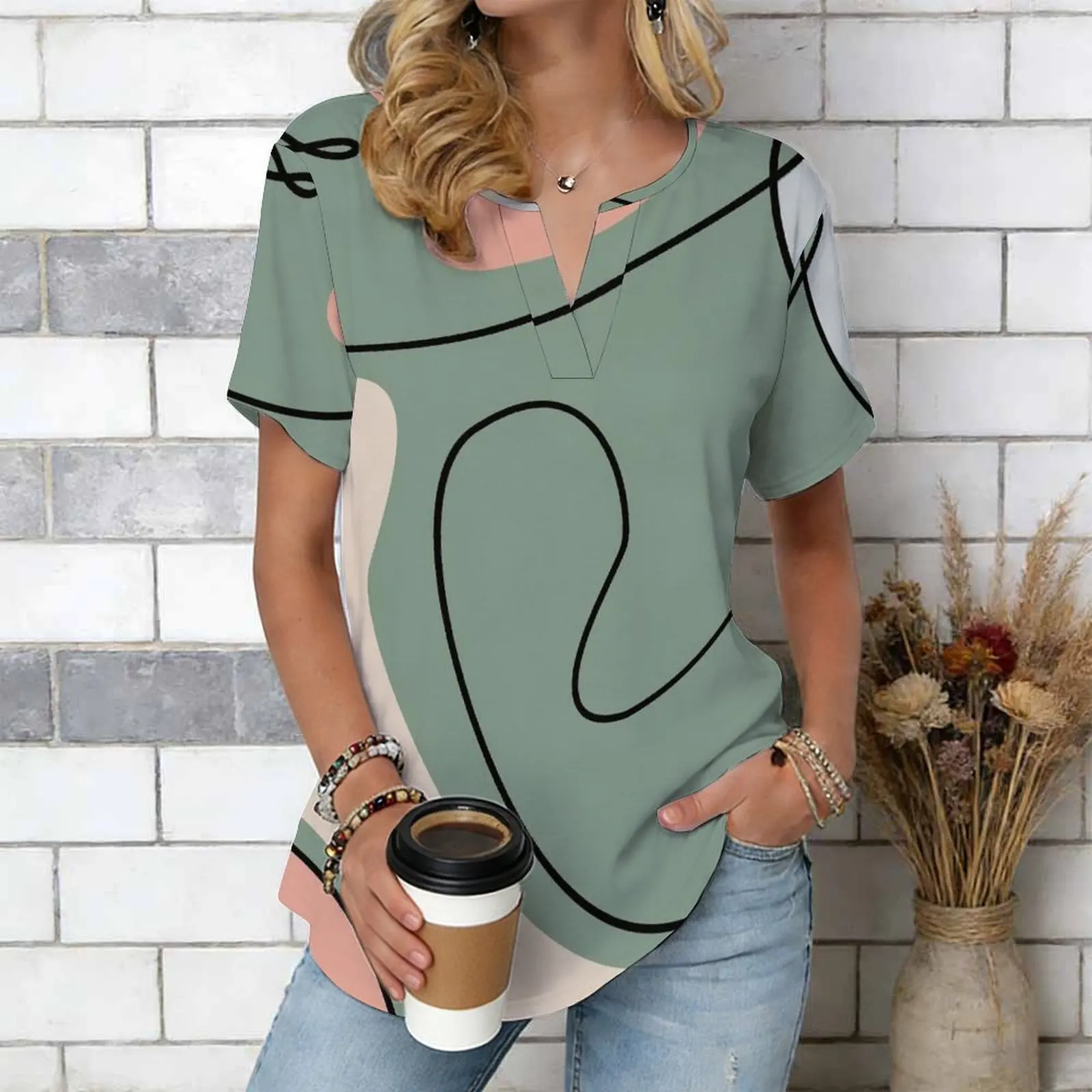 Women Print Notched V Neck Short Sleeve Casual Loose Tunic Tops
