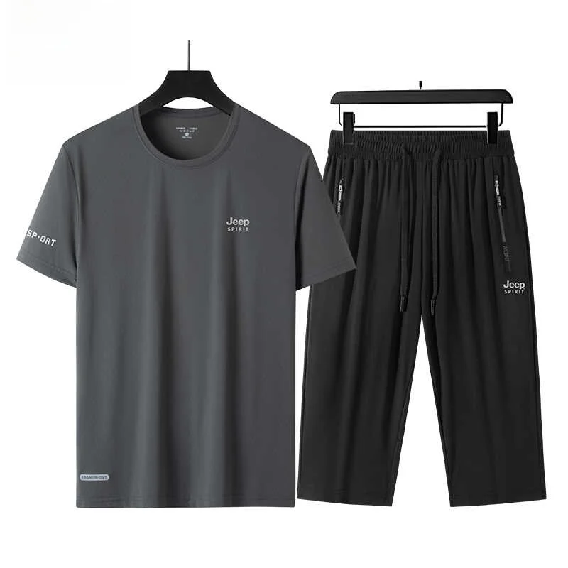 summer-casual-ice-silk-sports-set-short-sleeve-loose-thin-two-piece-suit-for-plus-size-men-comfortable-breathable-polyester-t