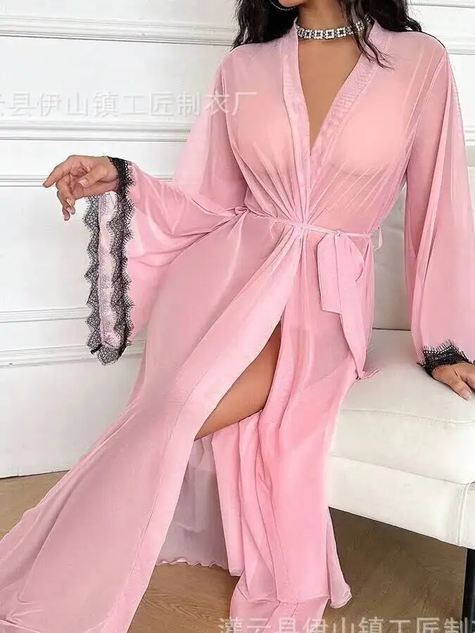 Novo sexy malha camisola vestido transparente sexy renda aparada fina vestido feminino manga comprida com decote em v vestido de cor sólida casaul grjj