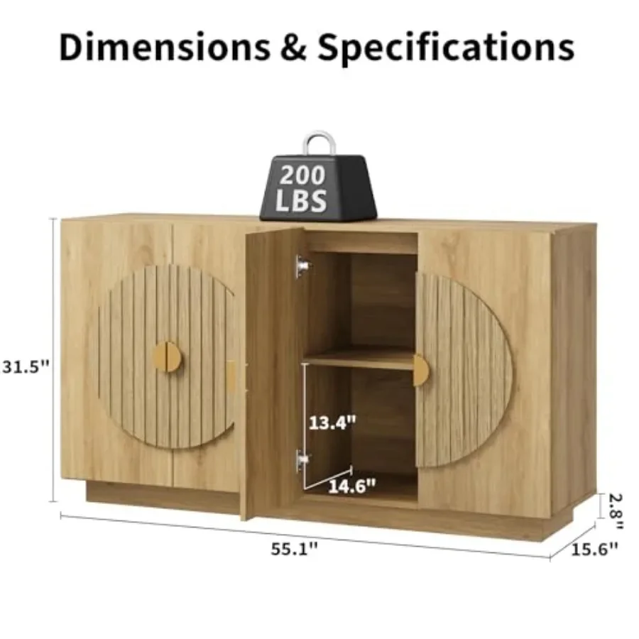 55 Fluted Sideboard Buffet Cabinet for Dining Room, Solid Oak, Natural Wood Tone, Elegant Vertical Grooves and Ample Storage Sp