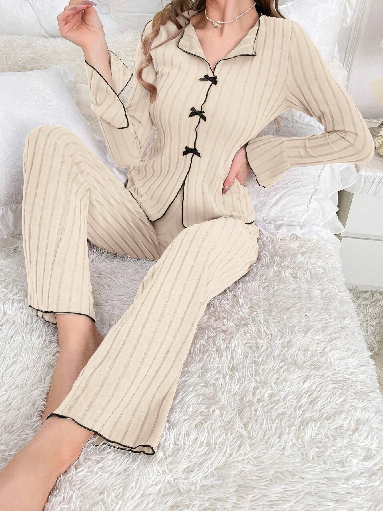Women Ribbed Pajamas Set Winter Warm Lapel Bow Decor Long Sleeve Sleepwear Contrast Trim Two Piece Casual Loungewear Home Outfit