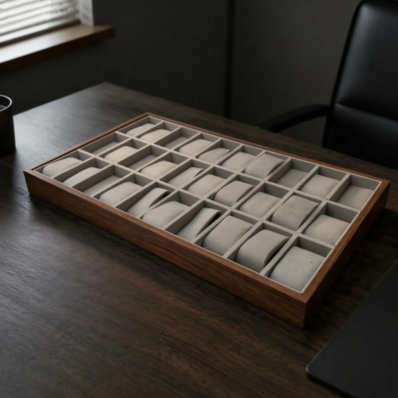 Wooden Display Tray with 30 Compartments Multi-Functional Watch Jewelry Tray Organizer Padded Compartment Display Box Sturdy