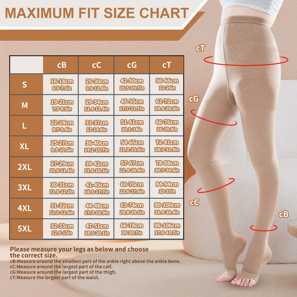 Hh 20-30mmHg Women Medical Compression Pantyhose Stockings Varicose Vein Open Toe Graduated Support Thighs Pantyhose Beige Color