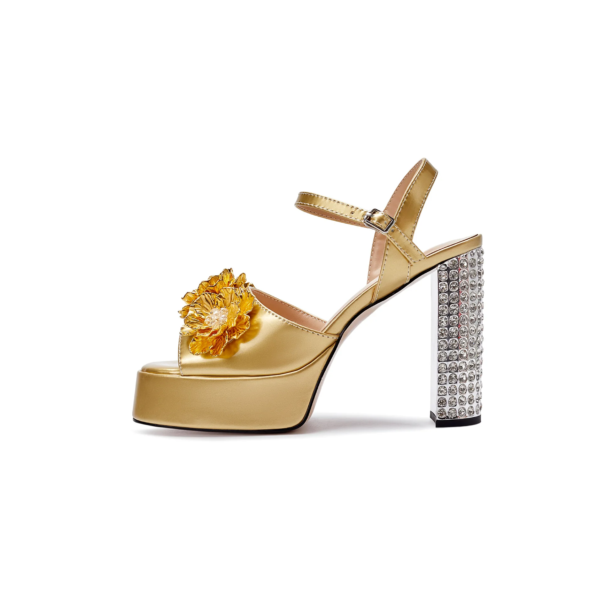 Sandalias de tacón grueso con diamantes de imitación y flores doradas para mujer, zapatos de tacón alto con plataforma y punta cuadrada con hebilla de satén, zapatos de moda de talla grande