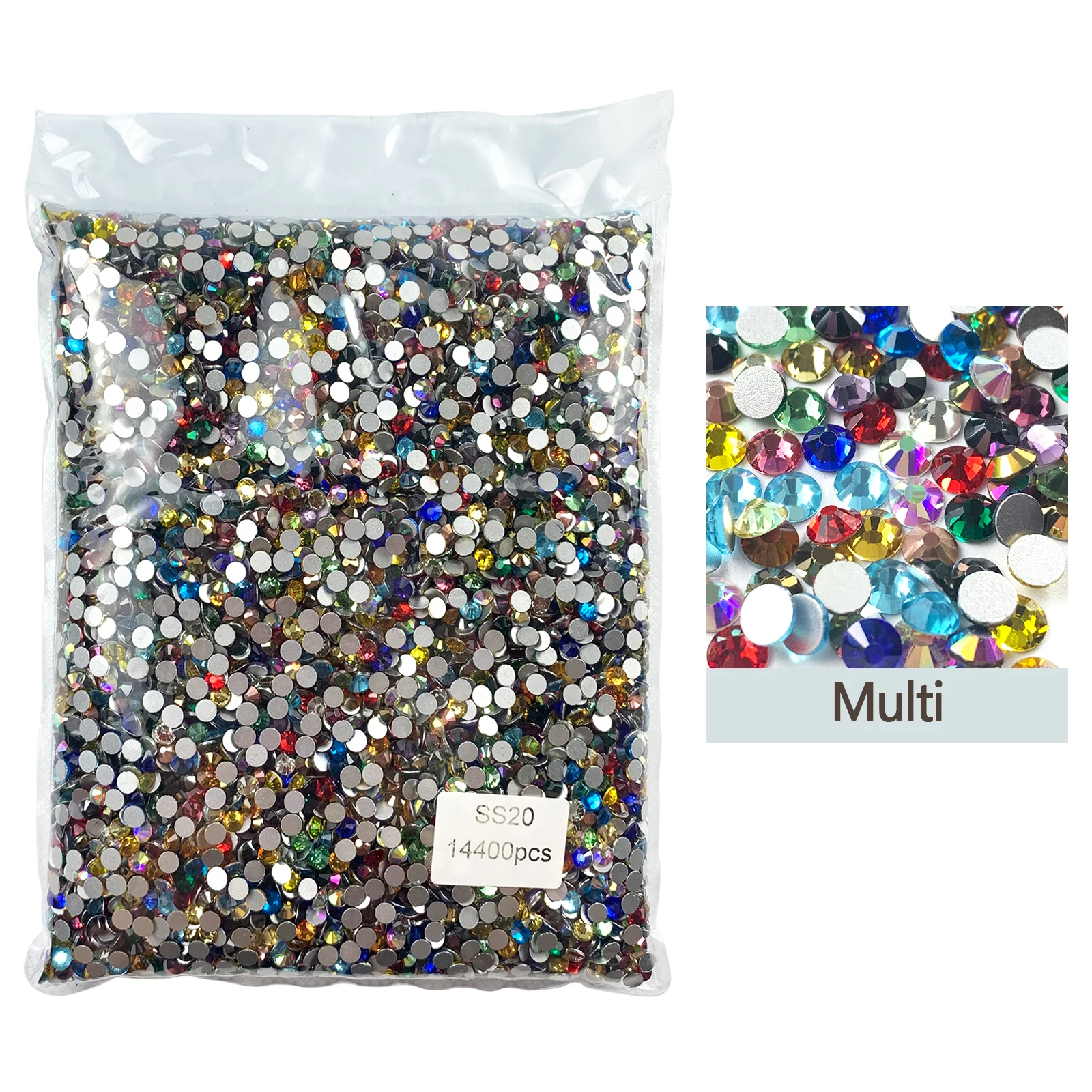 

Multi Colors Flatback Glass Rhinestones Non Hotfix Gems in Bulk Package Glitter Crystal SS3-SS20 for Nail Crafts 14400Pcs