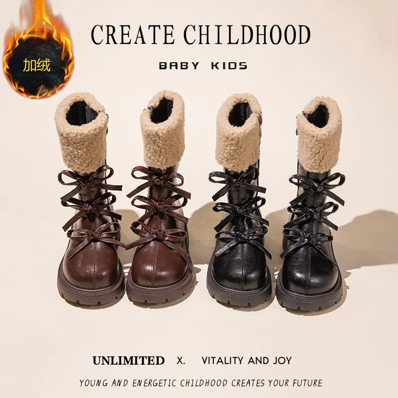 

Girls' ankle boots 2025 new winter fur-lined boots children's long boots, snow boots leather boots