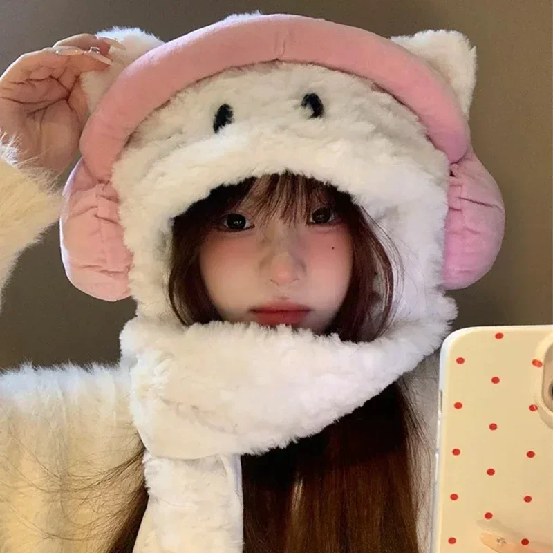 2024 Korean Sweet Kawaii Bow Plush Bomber Cap Winter Women Keep Warm Windproof Ear Protection Cute Pom-pom Beanie with Lace