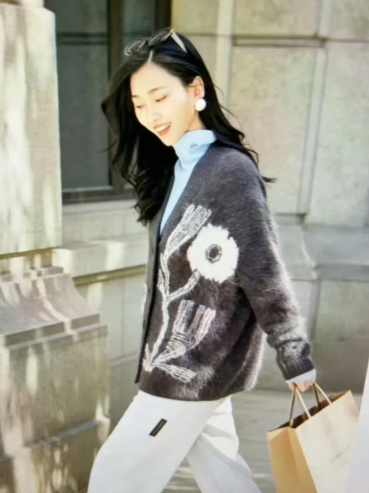 プリントセーターニットカーディガン女性グラフィティ V ネック長袖ニットストリートレディセーター新しい秋特大カーディガン