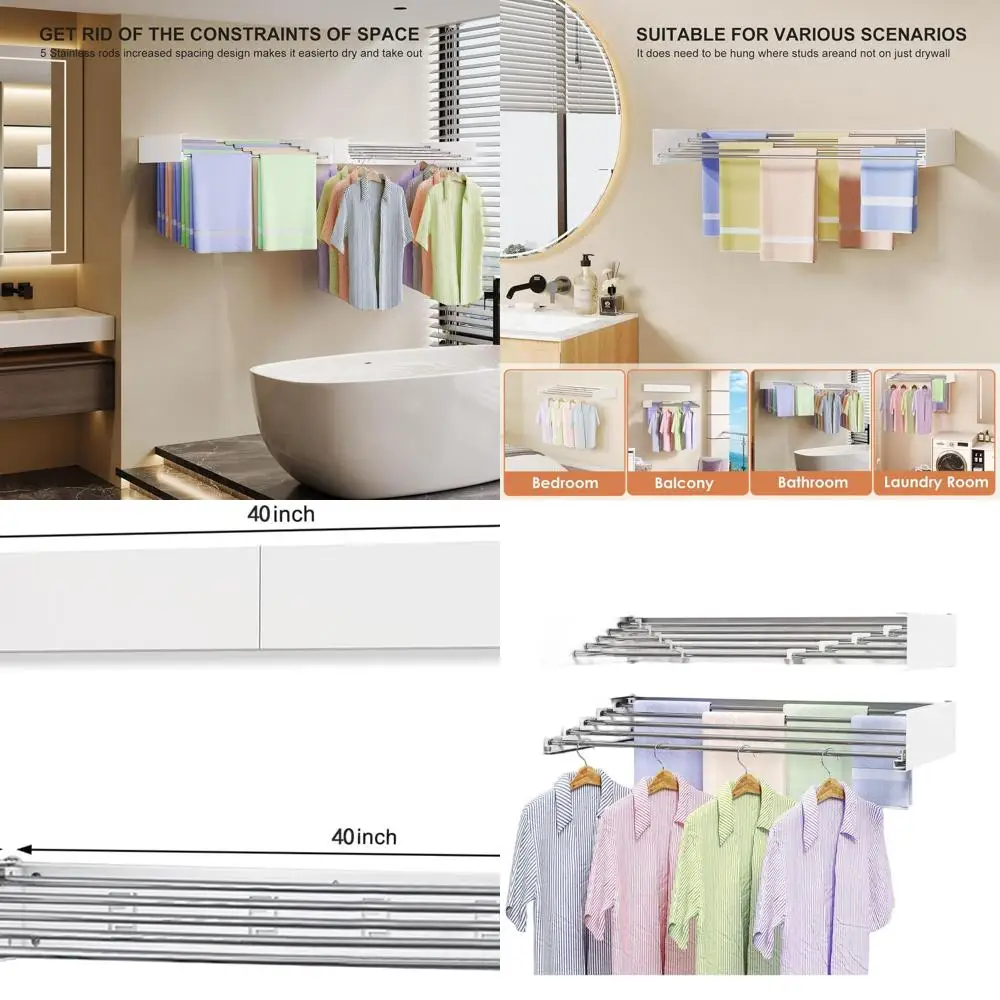 

40 складных настенных вешалок для белья, складная сушилка для одежды в помещении, экономия места на 5 стержней, вместимость 60 фунтов (белый)