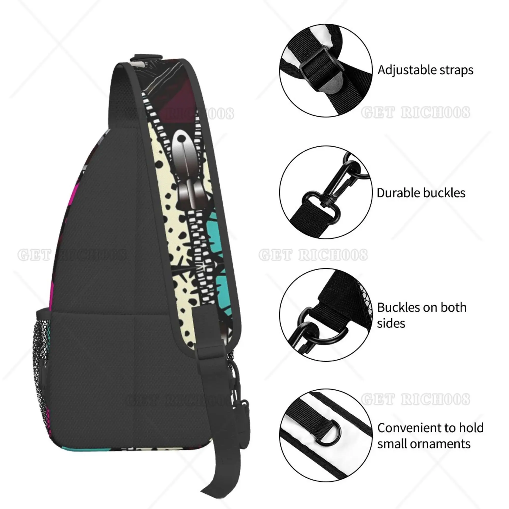 Cartoon Abstrato Impressão Colorida Cross Sling Bag, Mochila Peito para Homens e Mulheres, Poliéster, Casual, Tamanho Único, Ao Ar Livre, Caminhada, Viagem