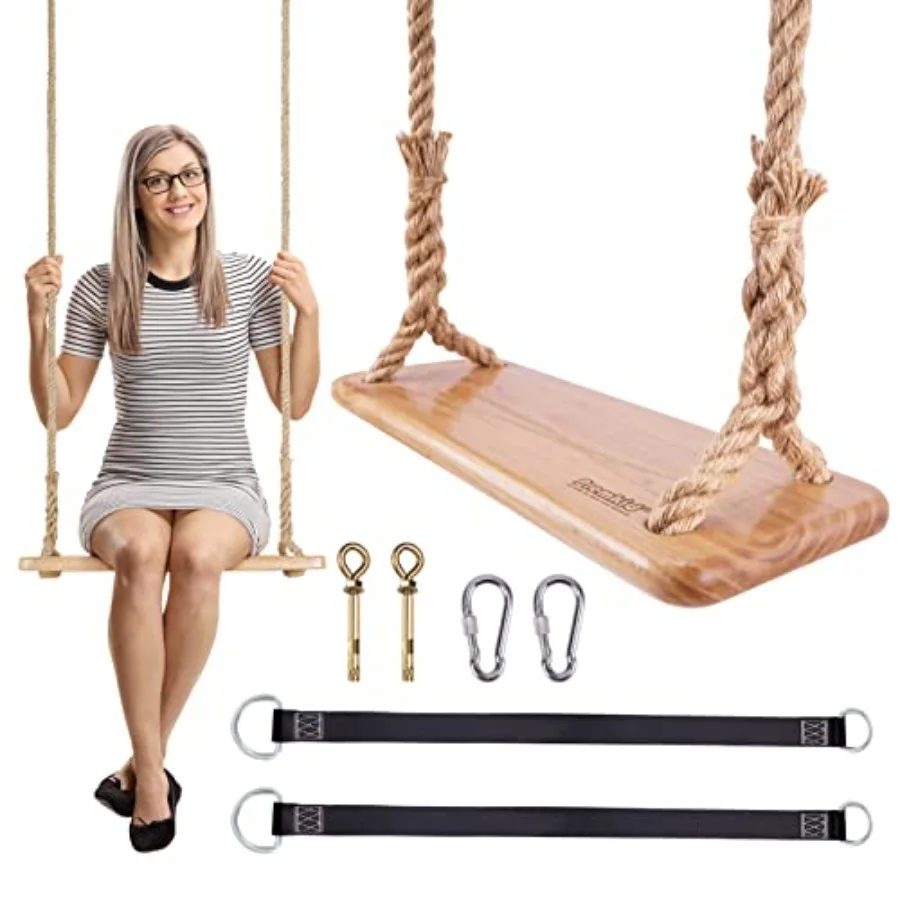 

Hanging Wooden Swing 24"x 8"x 1.2" Tree Swing for Adults and with 500lbs Load Adjustable Hemp Rope Plus Tree Straps 10.54FT Woo
