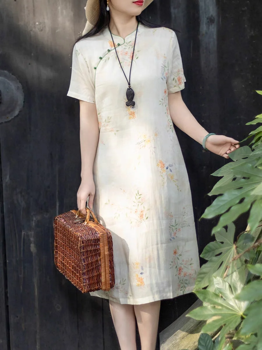 ชุดเดรสผ้าฝ้ายลินินสไตล์จีนเซนแบบใหม่สำหรับผู้หญิง ลายปักดอกไม้สไตล์เรโทร น้ำหนักเบา เหมาะสำหรับฤดูร้อน