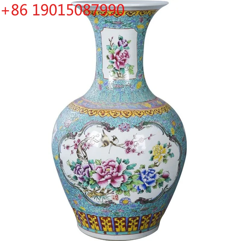 Jingdezhen Ceramic Floor Vase Hand Painted Pastel Peony Golden Pheasant Decorating Vase Big Belly Bottle Geomancy Decoration