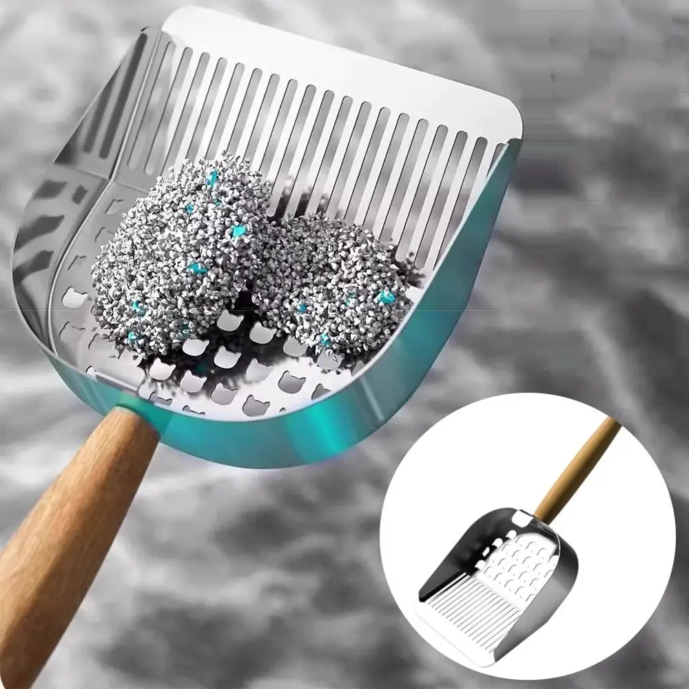

2 in 1 Cat Litter Scoop Wood Handle Stainless Steel Cat Poop Sifting Tool Hollow Out with Hanging Hook Litter Box Scooper