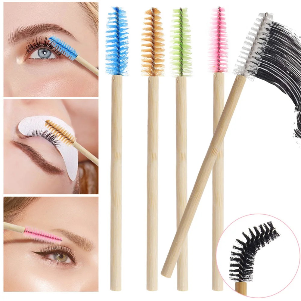50/100 szt. Szczoteczki do rzęs z bambusową rączką, jednorazowe aplikatory do tuszu, szczoteczki do przedłużania rzęs, szczoteczki do brwi, narzędzie do makijażu