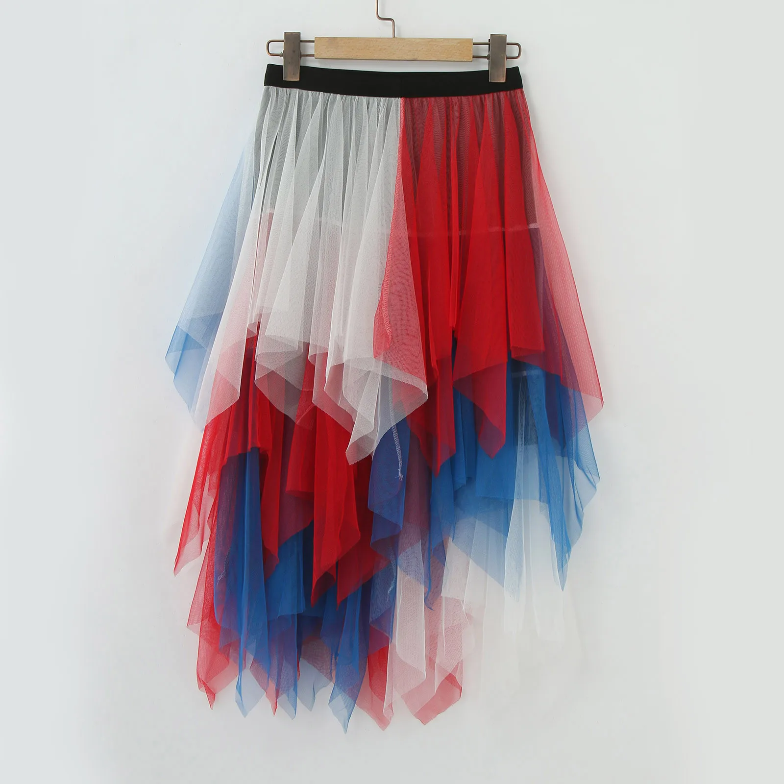 Women Long Tulle Skirt Patchwork Color Irregular High Waist Pleated Skirts Summer Adult Tutu Skirts Dancewear Party Performance