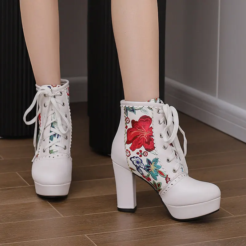 ORCHA LISA Lolita Women Ankle Boots Round Toe Block Heel 9.5cm Platform 2.5cm Lace Flower Mixed Color 48 Sweet Dating Booty