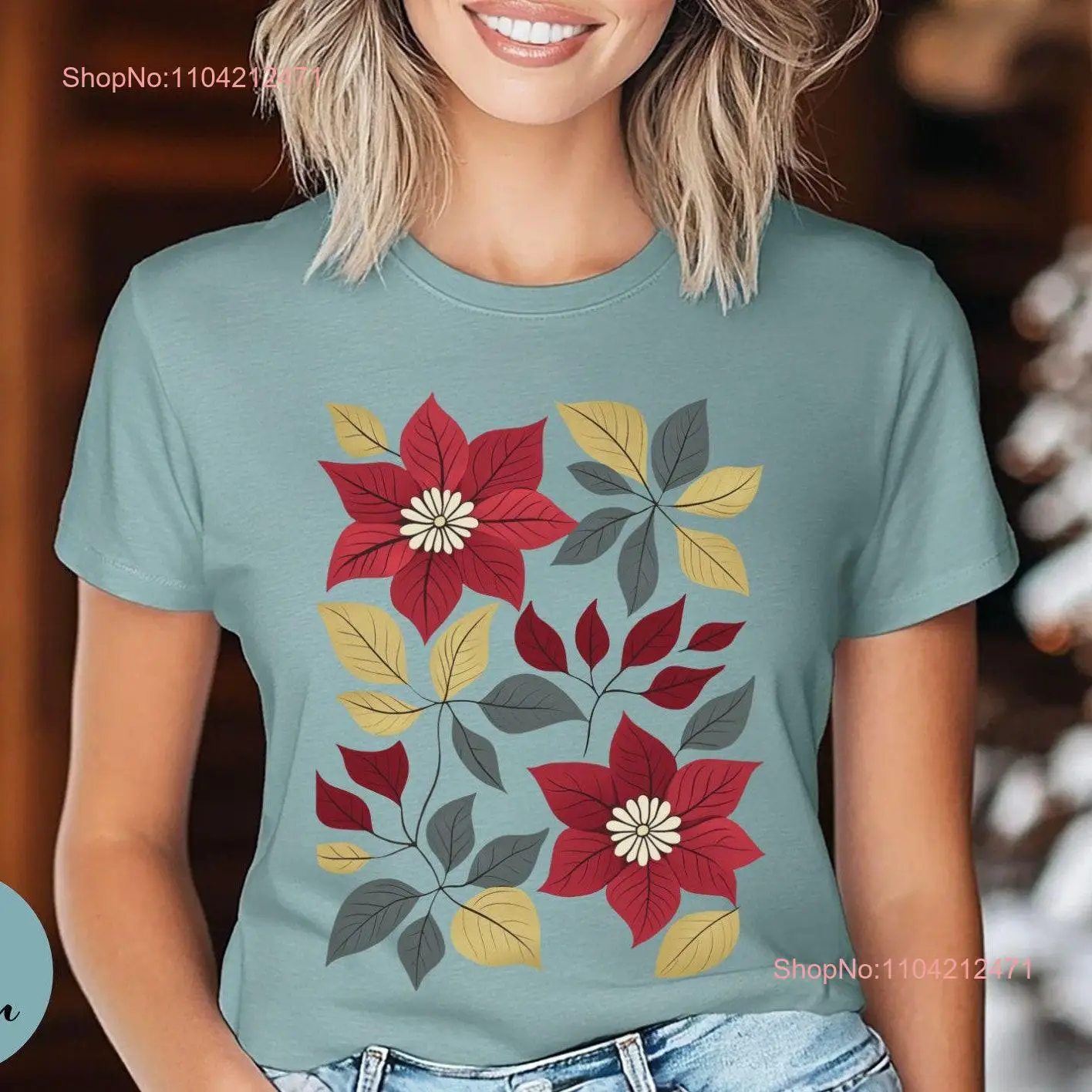 Womens Modern Boho Christmas Poinsettia T Shirt Holiday Floral For Mom  long or short sleeves