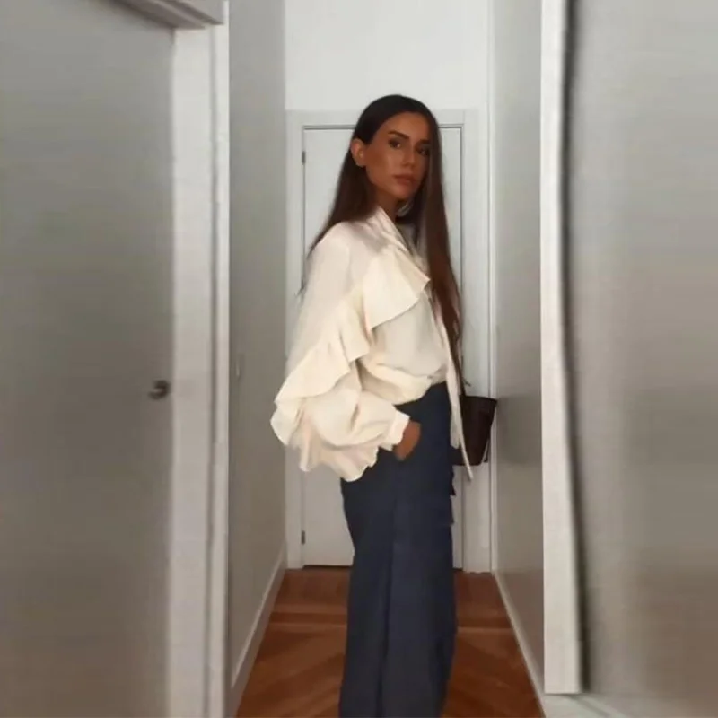 بلوزات شيفون نسائية مثيرة على شكل حرف v وأربطة وأكمام طويلة قمصان فضفاضة مكشكشة مرقعة ملابس داخلية غير رسمية للسيدات على الموضة جديدة 2025 #4