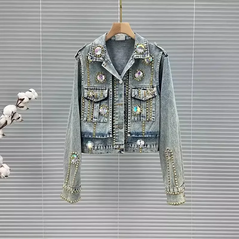 Heavy Work Beaded Rivet Diamond Women Light Blue Denim Jacket Casual Short Jeans Jacket Female Spring Clothes Streetwear Fashion