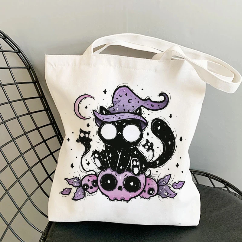 Bolso de compras con diseño de calavera y gato, bolsa de yute plegable, reutilizable, ecológico