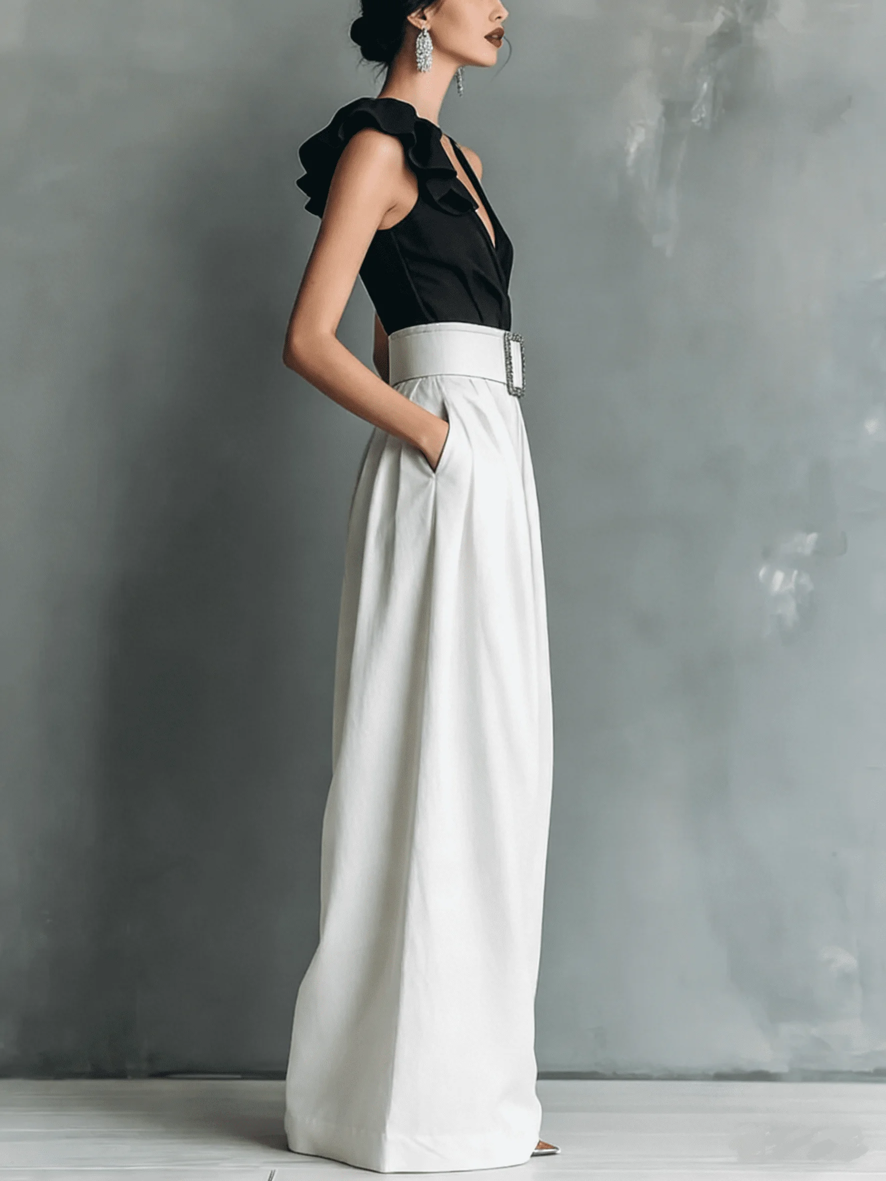 Damen High-Waist Weite Hosen mit Quadratischem Schnallenverschluss, Plissierte Lose Lange Hosen für Büro, Abend und Party – Detail 14