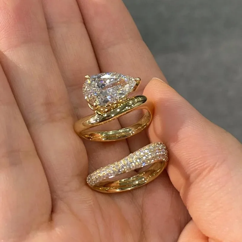 Luxury Two Pieces Finger Rings for Women Water Drop Cubic Zirconia Gold Color Ring Party Wedding Bridal Stackable Ring for Women