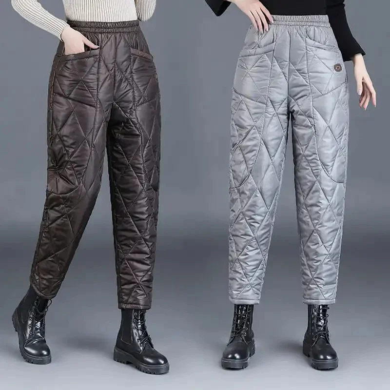

Пуховые хлопковые брюки, одежда для женщин, осенне-зимние свободные ромбовидные плотные тонкие теплые Прямые хлопковые шаровары с высокой талией, 4XL