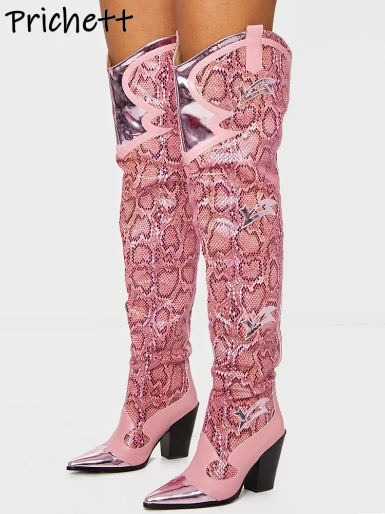 Pink Patchwork Snakeskin Boots Pointy Toe Chunky Heels Leather Over The Knee Boots Sexy Fashion Winter Runway Long Shoes