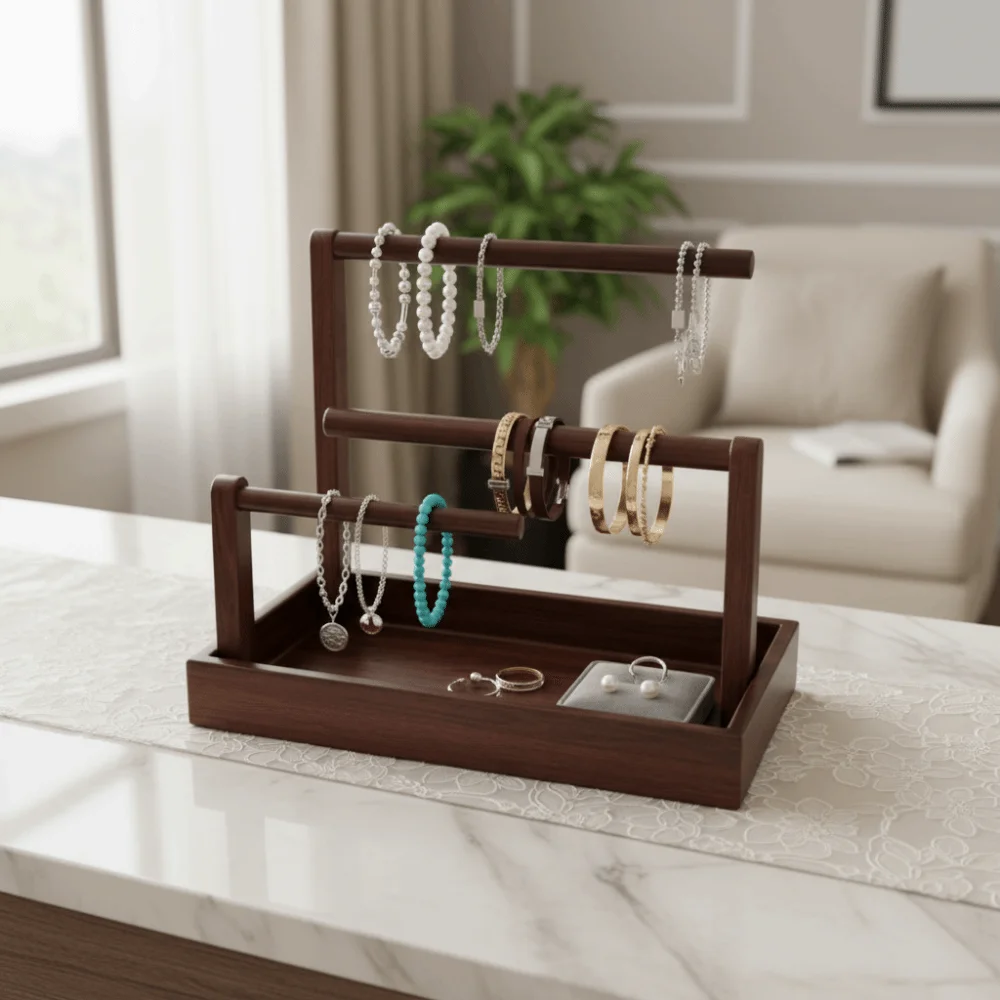 Solid Wood Jewelry Stand Retro Style Large Size Bracelet Storage Holder Multi-Layer Design Wooden Material Jewellery Organizer
