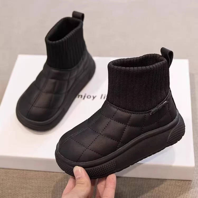 Children's Snow Boots 2-18 Years Old Khaki Padded Thickened Boys Girls Cotton Shoes Winter Black Soft Non-slip Kids Sock Boots