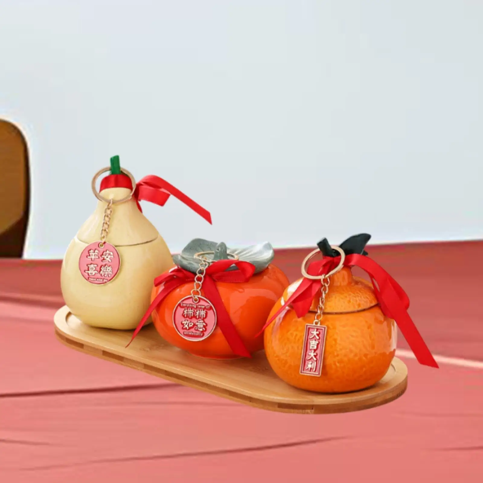 Tarro de té de caqui, naranja, pera, con bandeja de madera, latas de té de cerámica, decorativo versátil para decoración de mesa de azúcar, sal y pimienta