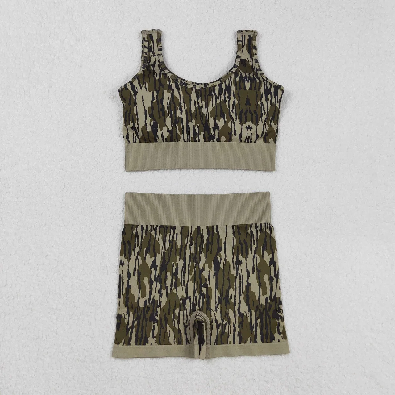 

9.3 Wholesale Adult Sleeveless Women Camo Green Shirt Woman Girl Black Set Shorts Girls Outfit Yoga Active Breathable Clothing