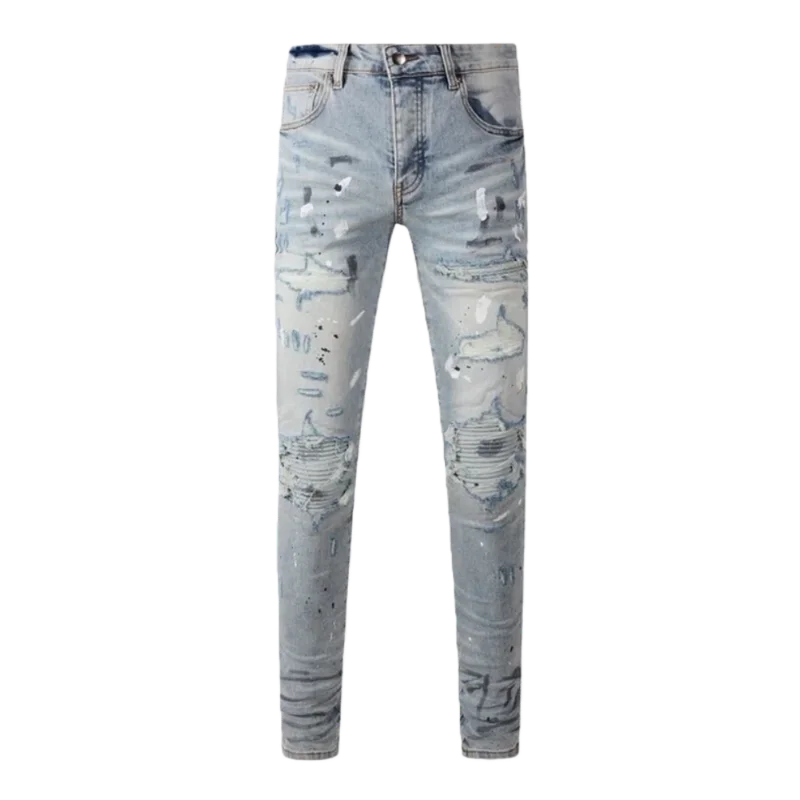 

European and American high street fashion brand, light-colored ink splash graffiti perforation technique, slimming calf jeans