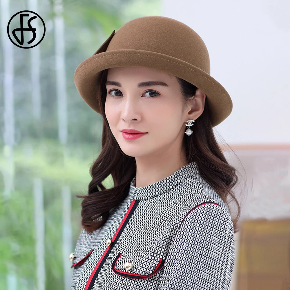 FS 2024 New Women Fedora Little Top Hats for Woman Ladies Bucket Cap Winter Fashion Female Wedding Woolen Camel Millinery