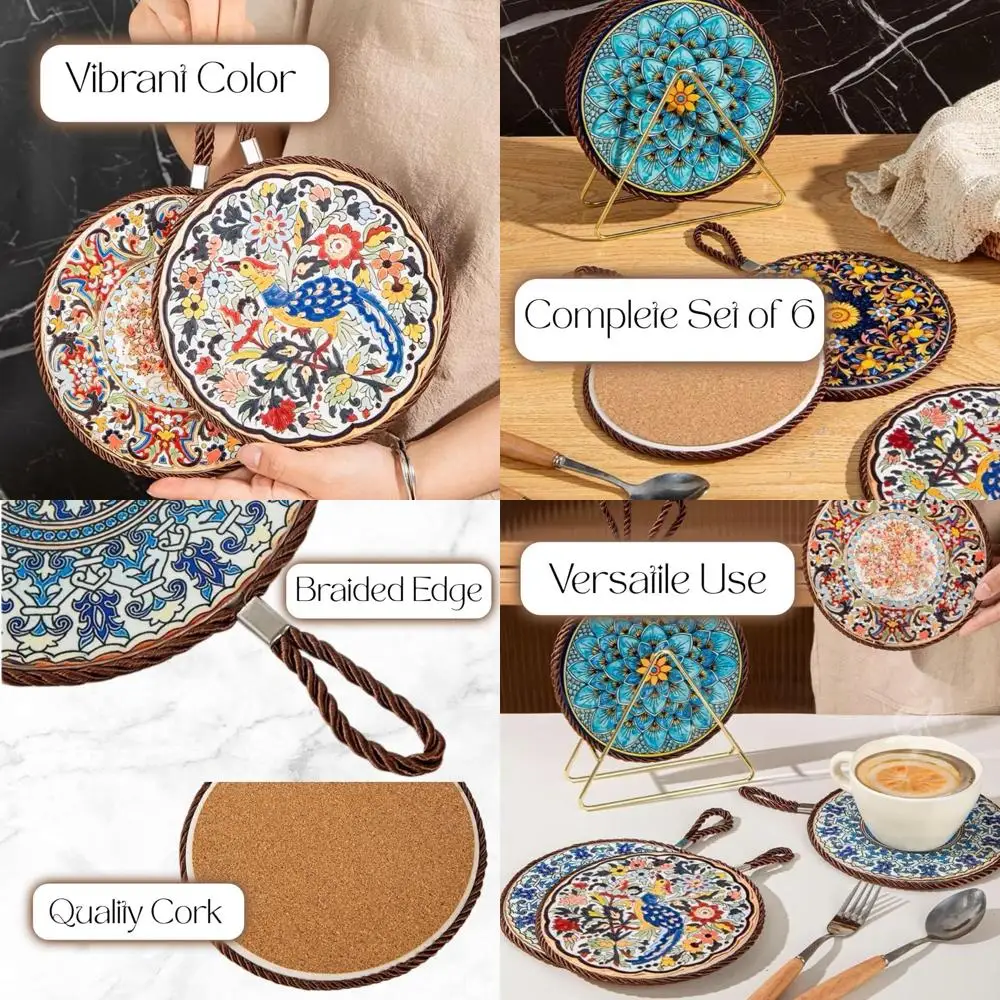 

Set of 6 Decorative Ceramic Trivets with Wooden Stand for Hot Dishes, Kitchen Countertop Protection