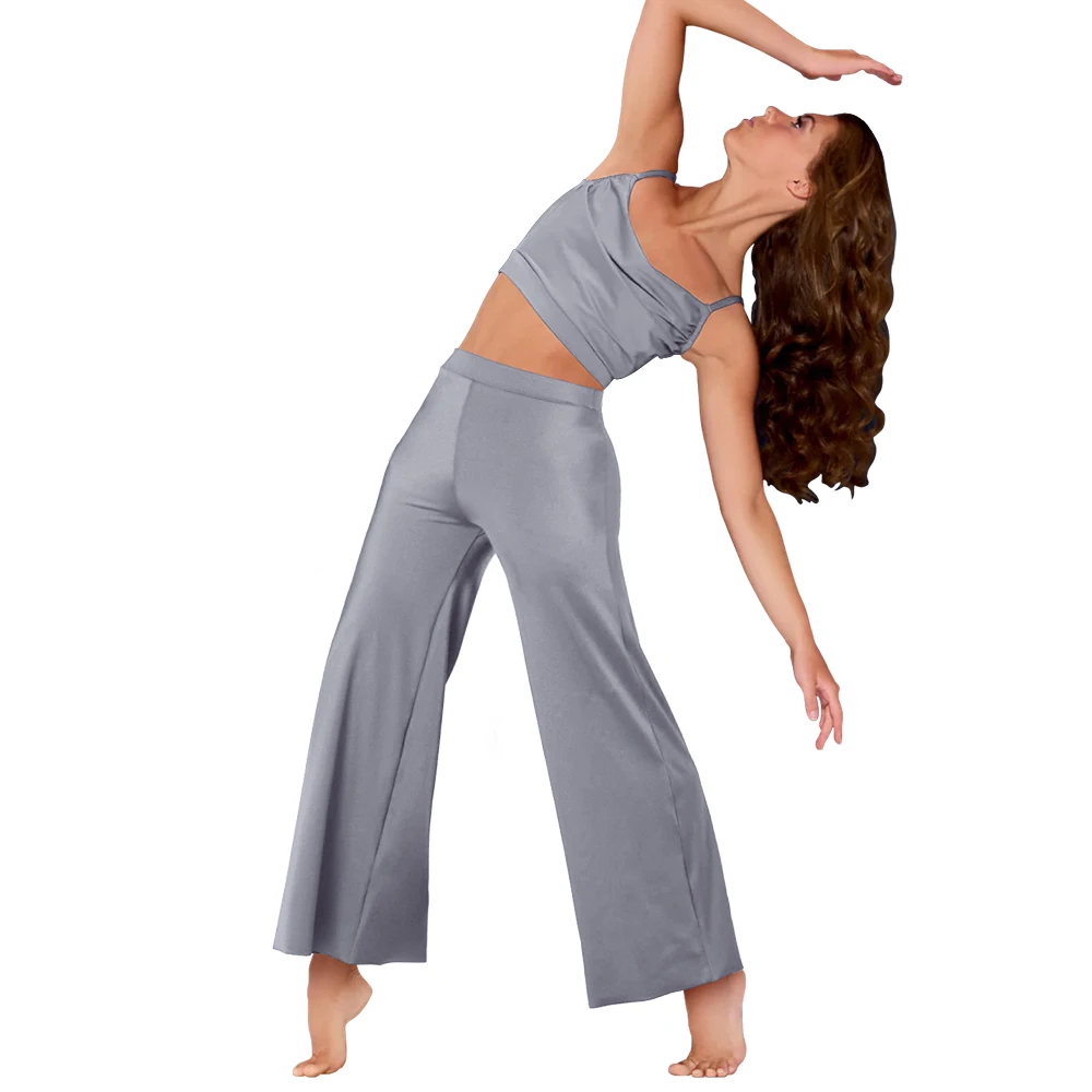 MiDee Zestaw do Tańca Nowoczesnego dla Dziewczynek, 2-częściowy Komplet: Plisowany Top na Ramiączkach i Spodnie z Szerokimi Nogawkami, Strój do Tańca Lirycznego Modern