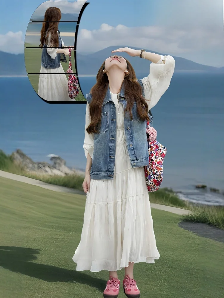

Spring Faion plus Size Women's Denim Vest And Dr Set White Cute Sli Two-Piece Suit Casual Sle Long Sve Collar