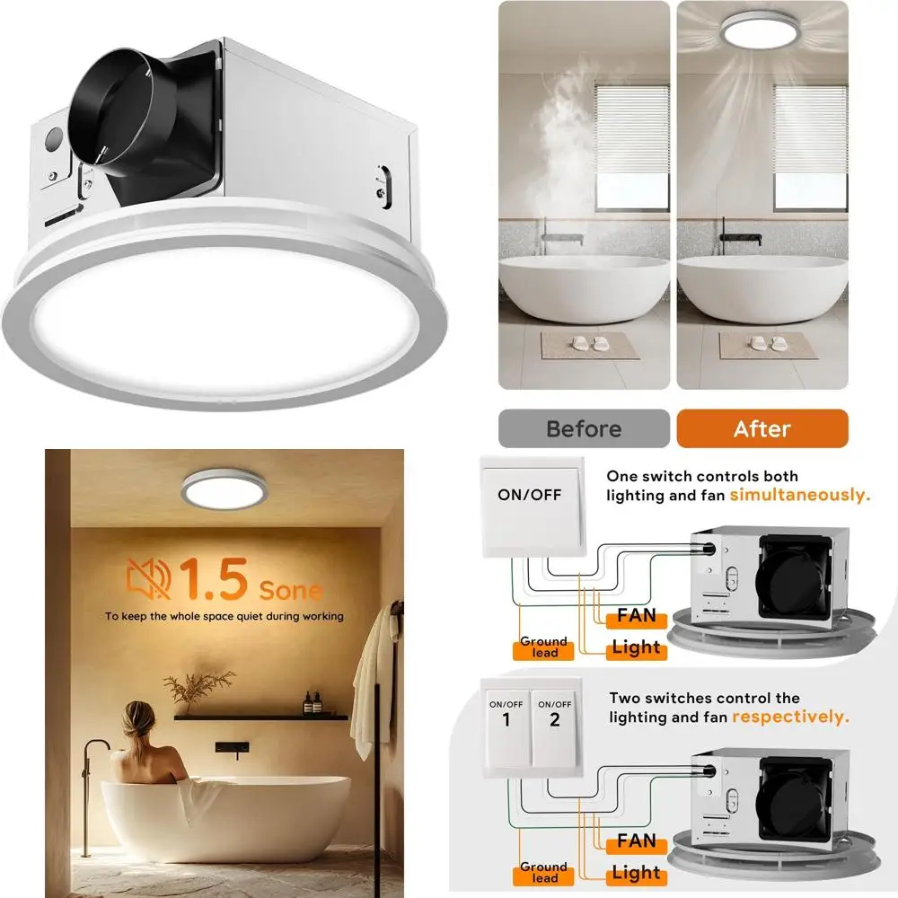

130 CFM 47W Ceiling-Mounted Shower Ventilation Fan with 1100LM LED Light, 3000K/4000K/5000K Color Temperatures