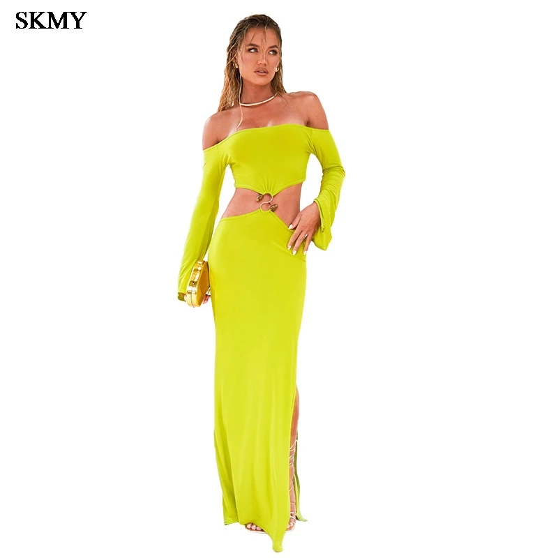 SKMY Sexy One Shoulder Long Sleeved Open Waist Elegant Party Long Dress Fashion Summer Dresses 2024