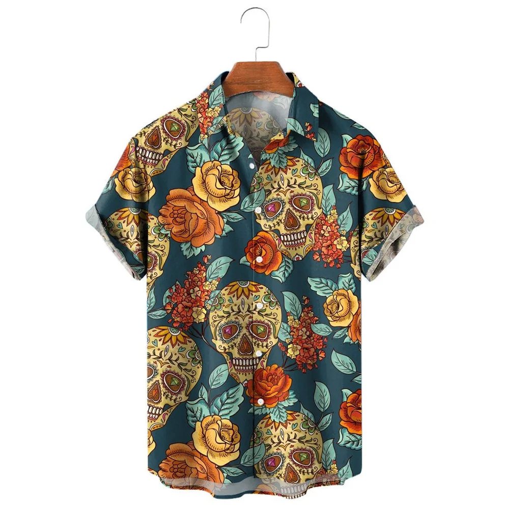 HX Fashion Men's Shirts Mexican Feast of the Dead Skull Floral Leaf 3D Printed Casual Shirt Short Sleeve Beach Shirt Camisas