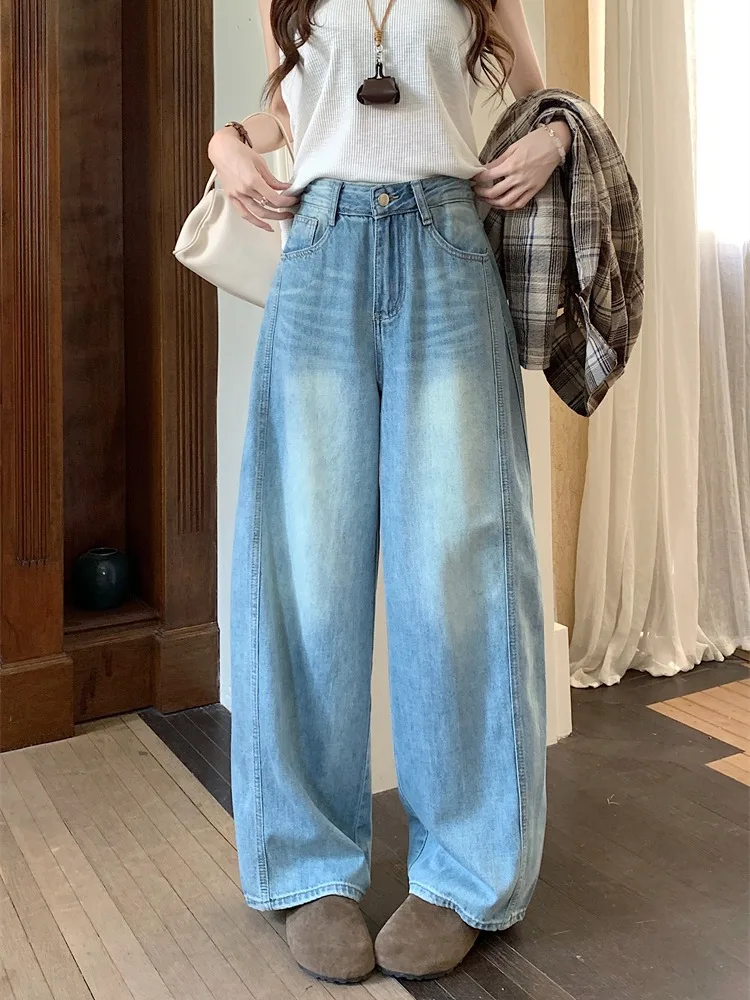 

Джинсы с высокой талией в американском стиле, широкие брюки для женщин, весна-лето, корейский универсальный дизайн, стройнящие прямые брюки